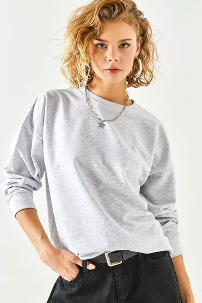 Дамски сив меланж базов меко текстуриран свободен суитшърт 