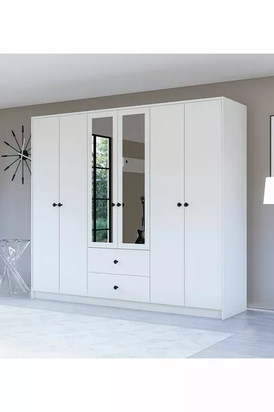 Armadio con specchio GM Lüx, 6 porte, 2 cassetti e maniglie a bottone