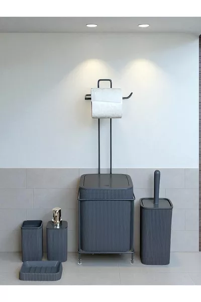 Set da bagno 6 pezzi con portarifiuti metallico, porta carta igienica e spazzola per WC, con sapone solido - liquido