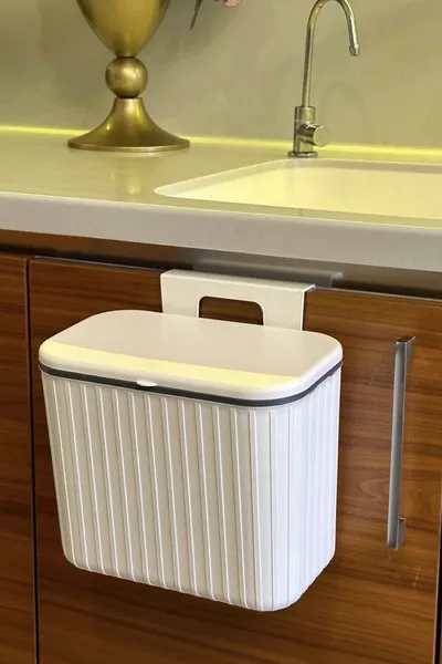 Кош за отпадъци с дръжка - Бял - С двустранен капак - 8 литра