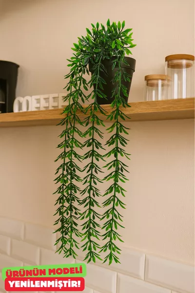 Black Pot with 4-Branch Green Basil Hanging Artificial Plant Flower Decor Coffee Corner Cm