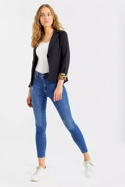 Collared Flap Pocket Double Cuff Long Sleeve Office Chic Blazer Fabric Jacket - Black