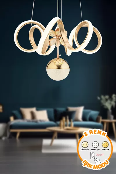 Modern Vega Gold 3 Renk Işık Özellikli Power Led Kaplama Sarkıt Led Avize Salon Avize