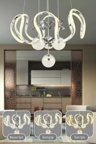 Suspension LED moderne en chrome avec télécommande et éclairage à 3 couleurs, luminaire pour salon