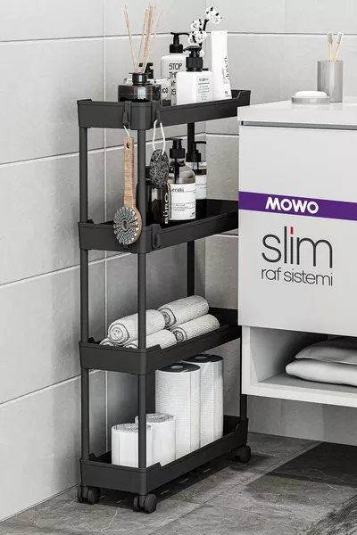 وحدة رفوف بعجلات 4 طوابق نحيفة باللون الأسود، رف حمام، رف مطبخ، منظم حمام
