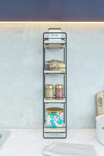 Organisateur de cuisine Sofra Étagère de cuisine en bois naturel Luxe Métal noir 4 niveaux