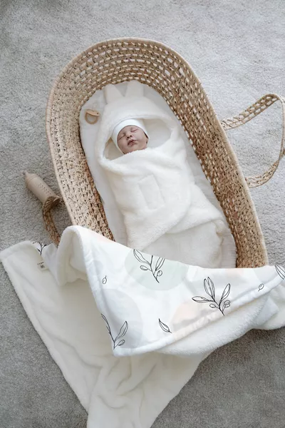 Plush Swaddle and Double-Sided Blanket - Drawing Leaves on Salmon Background