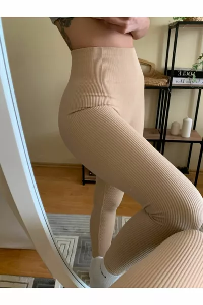 Женские бежевые леггинсы с завышенной талией и бесшовные вельветовые леггинсы