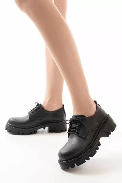  Black Lace-Up Casual High Sole Loafer Shoes