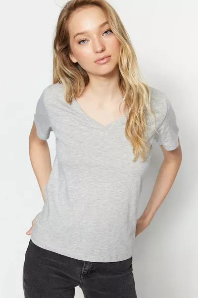 % Pamuk Süper Kalite Gri Melanj V-yaka Kadın Basic Tişört Örme Pamuk Penye T-shirt