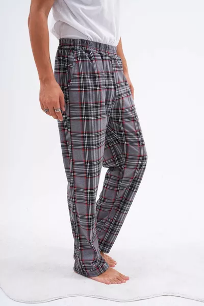 Herren Baumwoll Pyjamahose mit Taschen, kariertem Muster und elastischem Bund