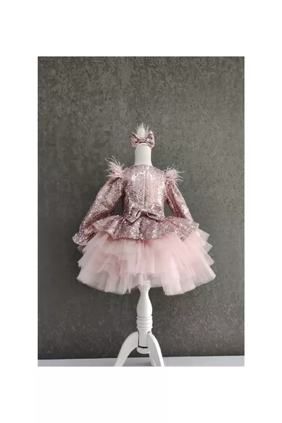 فستان فتيات قصير كتف فروي وظهر مزين بالترتر - فستان سهرة للأطفال - فستان سهرة للبنات - فستان تخرج للأطفال