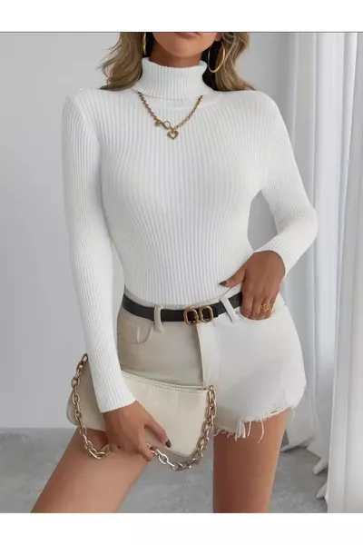 Pull à col roulé blanc à col en V, en coton, côtelé, brossé, coupe slim, sauveur de saison