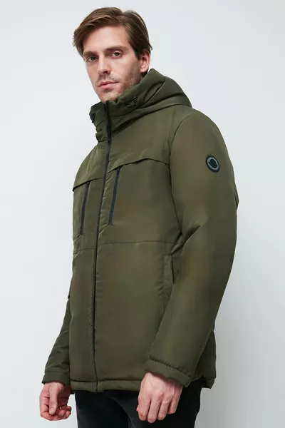 معطف شتوي رجالي بغطاء رأس مقاوم للماء والرياح من ألياف الكاكي