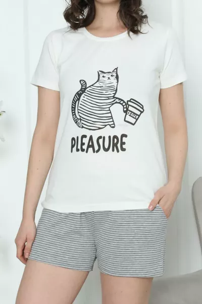 طقم بيجامة نسائي شورت بأكمام قصيرة، قطني، جيوب، مطاطي، بلون كريمي