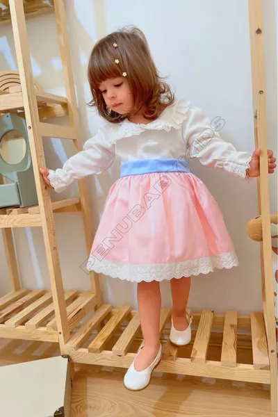 Pink and Blue Long Sleeve Baby Girl Dress with Bow - Candy