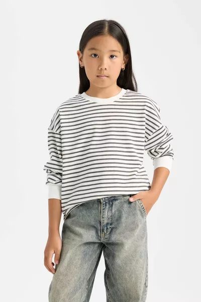 Sweat-shirt rayé à col rond relax fit pour fille NS