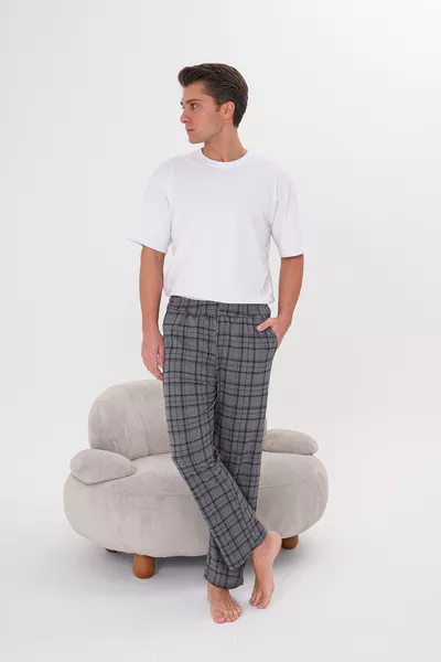 Baumwoll-Pyjama-Hose für Herren mit Taschen, kariertem Print, elastischem Bund, schick und bequem, Grau 