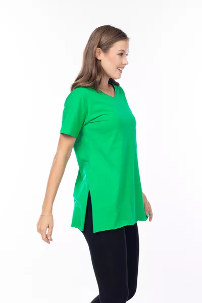 % Baumwolle Damen Benetton Grün V-Ausschnitt, seitlicher Schlitz, asymmetrisches Baumwollstrick-T-Shirt Tunika