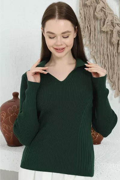 Dames Smaragdgroene Polo V-hals Gebreide Trui