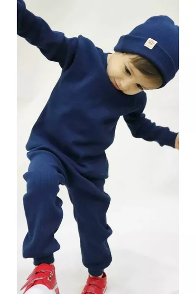 Navy ribbed hat 3-piece cotton knit set