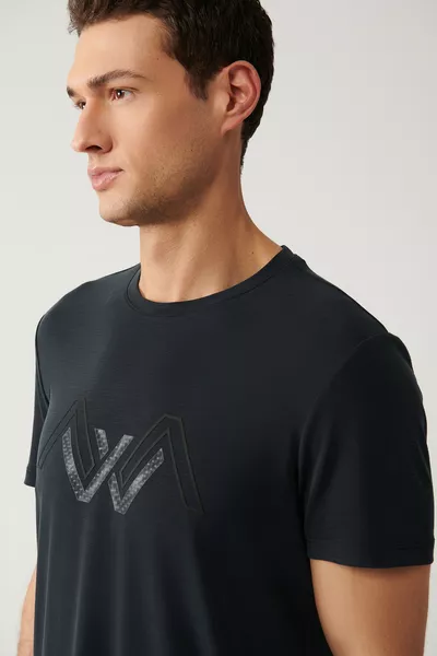 Мъжка антрацитена тениска с колоездачна яка, щампа и мека текстура, редовно прилягане 