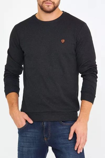 Men's Crew Neck Black Sweatshirt with Chest Embroidery Detail