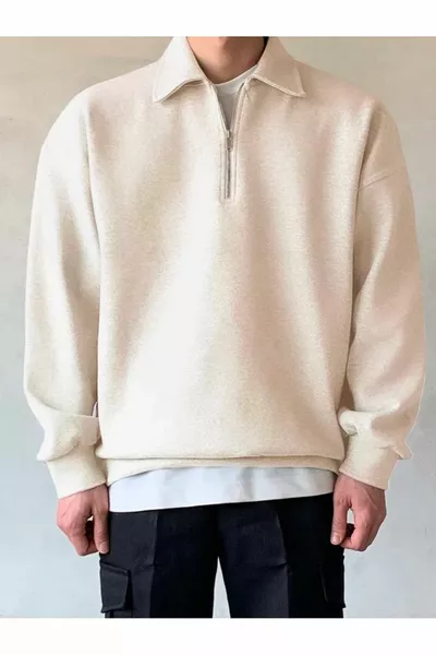 سويت شيرت رجالي بياقة بولو ونصف سحاب باللون البيج