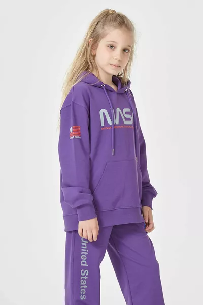 طقم رياضي للأطفال بناتي وصبياني، كبير الحجم، بغطاء رأس، بتفاصيل طبعة ناسا