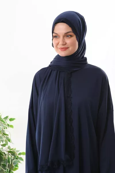 عباءة صلاة بسحّاب، مزينة بالدانتيل، مع حجاب، والأساور مطاطية تمنع الانزلاق