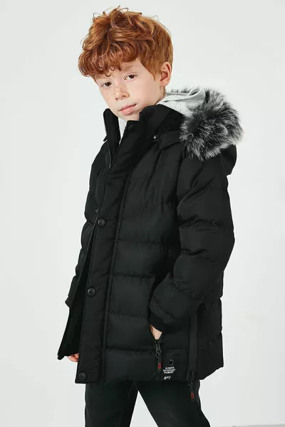 معطف للأطفال الأولاد بغطاء رأس قابل للإزالة مبطن بالفرو الصناعي والقطيفة 