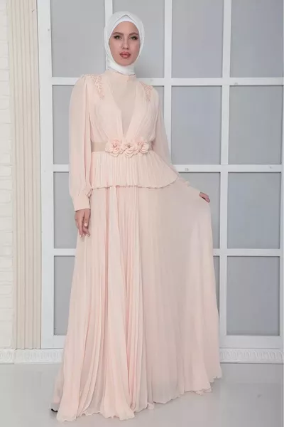 فستان سهرة محجب مطوي مع كتف وحزام تفاصيل -Powder