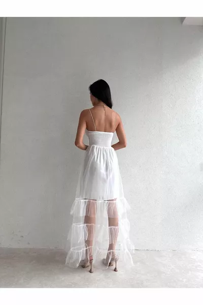 المرأة اللباس تصميم تول مفصلة ماكسي طول طويل فستان أبيض مع الأشرطة