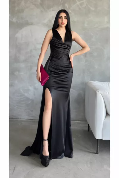 Dames Zwarte Decaere Kraag Dikke Riem Draperen Detail Staart Maxi Split Lange Satijnen Avondjurk