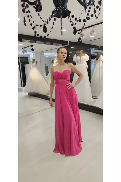 Fuchsia Barbie Pink Strapless Chiffon Long Evening Dress