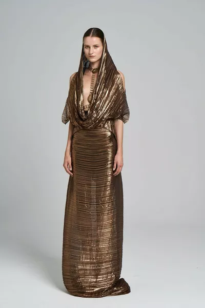 Дамски плисиран метален плат Orion Maxi рокля