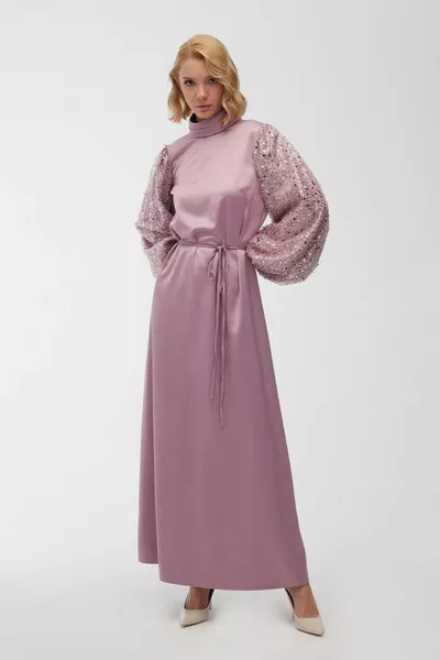 Stone Embroidered Evening Dress Lavender