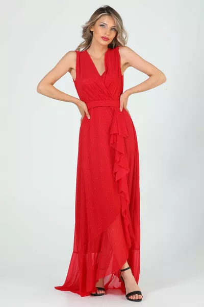 Rosso Da Donna Doppiopetto Collare Anteriore Volant Scintillante Abito Da Sera Lungo