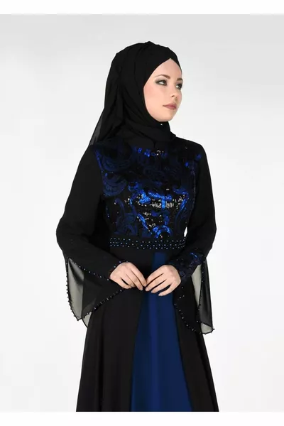 فستان سهرة نسائي أسود (BLACK-SAKS) من التول بالترتر 