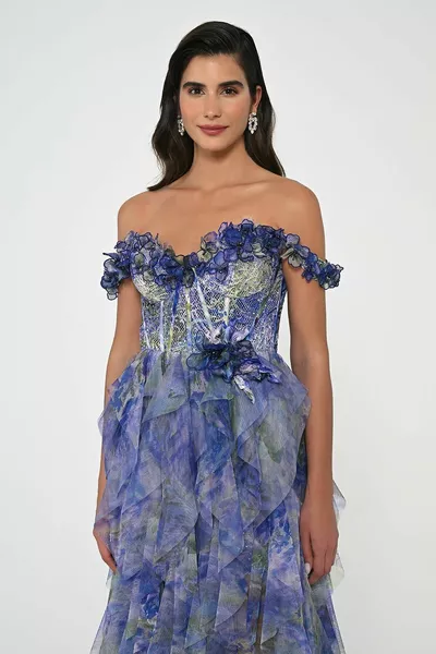 Women's Strapless Slit Patterned Tulle Long Purple Evening Dress & Graduation Dress -PURPLE/GREEN