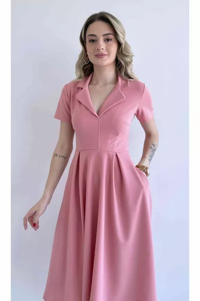 Women's Design Stretchy Fabric Flared Cut Jacket Collar Side Pocket Short Sleeve Pink Evening Dress 