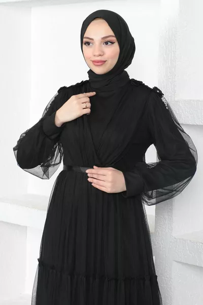Lace Detailed Tulle Evening Dress Black 