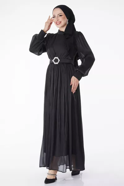 Straight Judge Collar Damen Schwarzes plissiertes Abendkleid - 