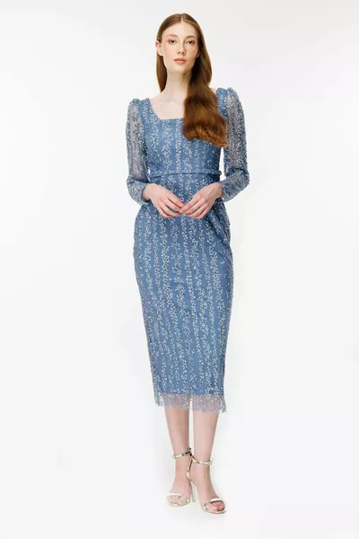 Square Collar Embroidered Pencil Evening Dresses - AMETİS