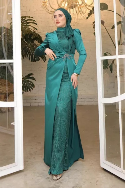 Robe de soirée en satin à paillettes de pierre vert émeraude