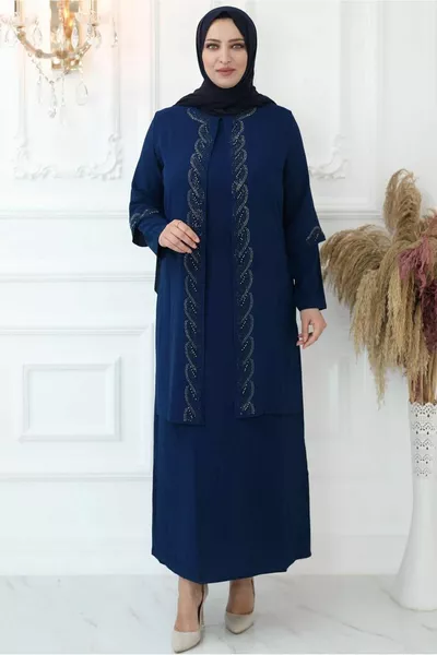 Marineblaues (INDIGO) steinbesticktes Abendkleid für Damen T 