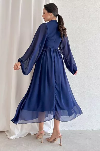 Шифоновая ткань на подкладке, воротник-стойка, длинные рукава миди длина, расклешенный крой, темно-синий вечернее платье 
