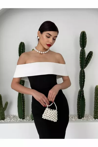 فستان مادونا طويل أسود أبيض