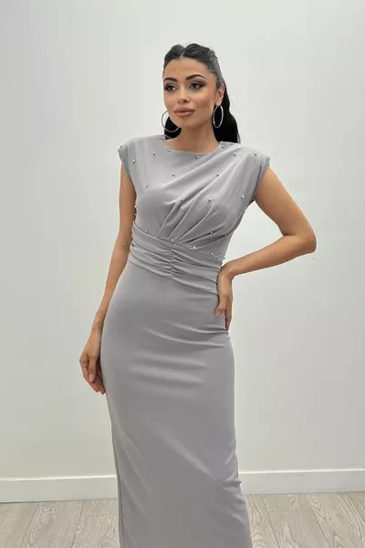 Креп плат камък подробни молив рокля - сив?