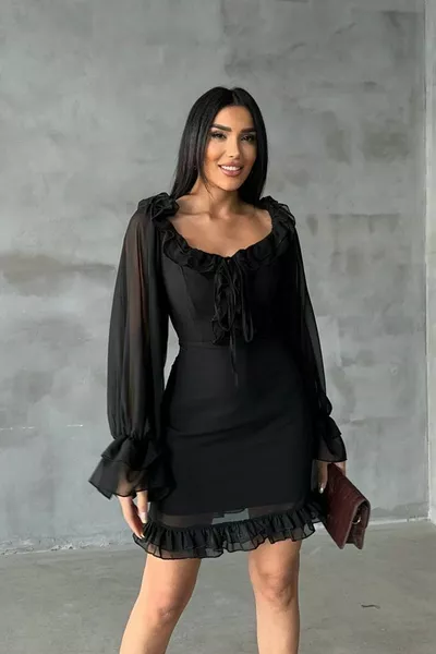 المرأة الشيفون النسيج طوق التعادل أسفل تنورة كشكش تصميم تول كم طويل أسود ميني مساء اللباس 